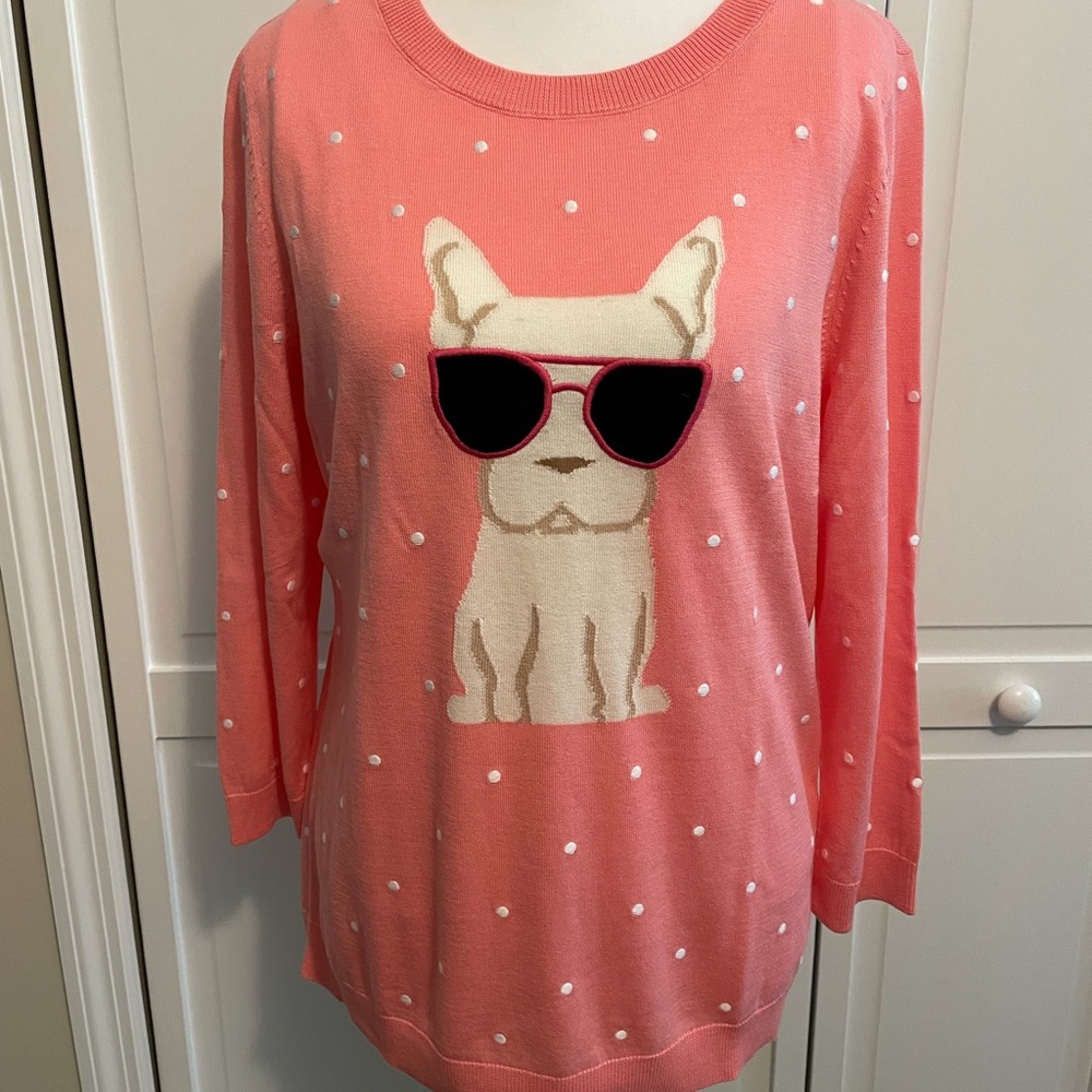 Talbots Pink Sweater with French Bulldog Design
